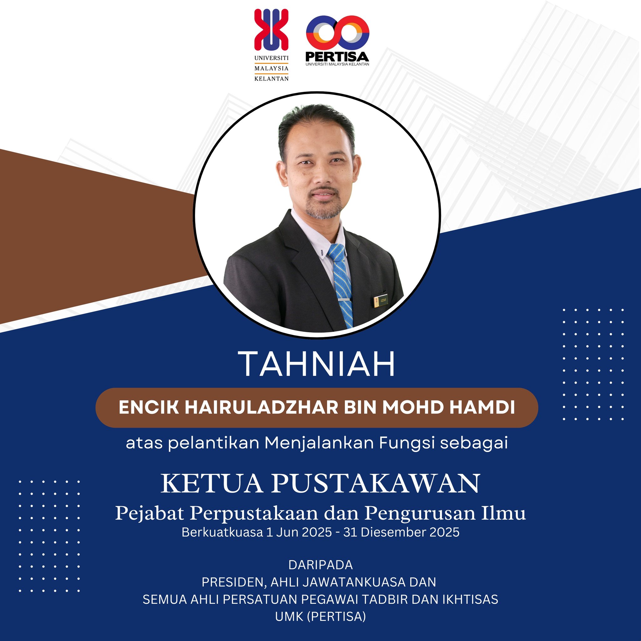 Sekalung Tahniah kepada En. Hairuladzhar bin Mohd Hamdi di atas pelantikan Menjalankan Fungsi sebagai Ketua Pustakawan