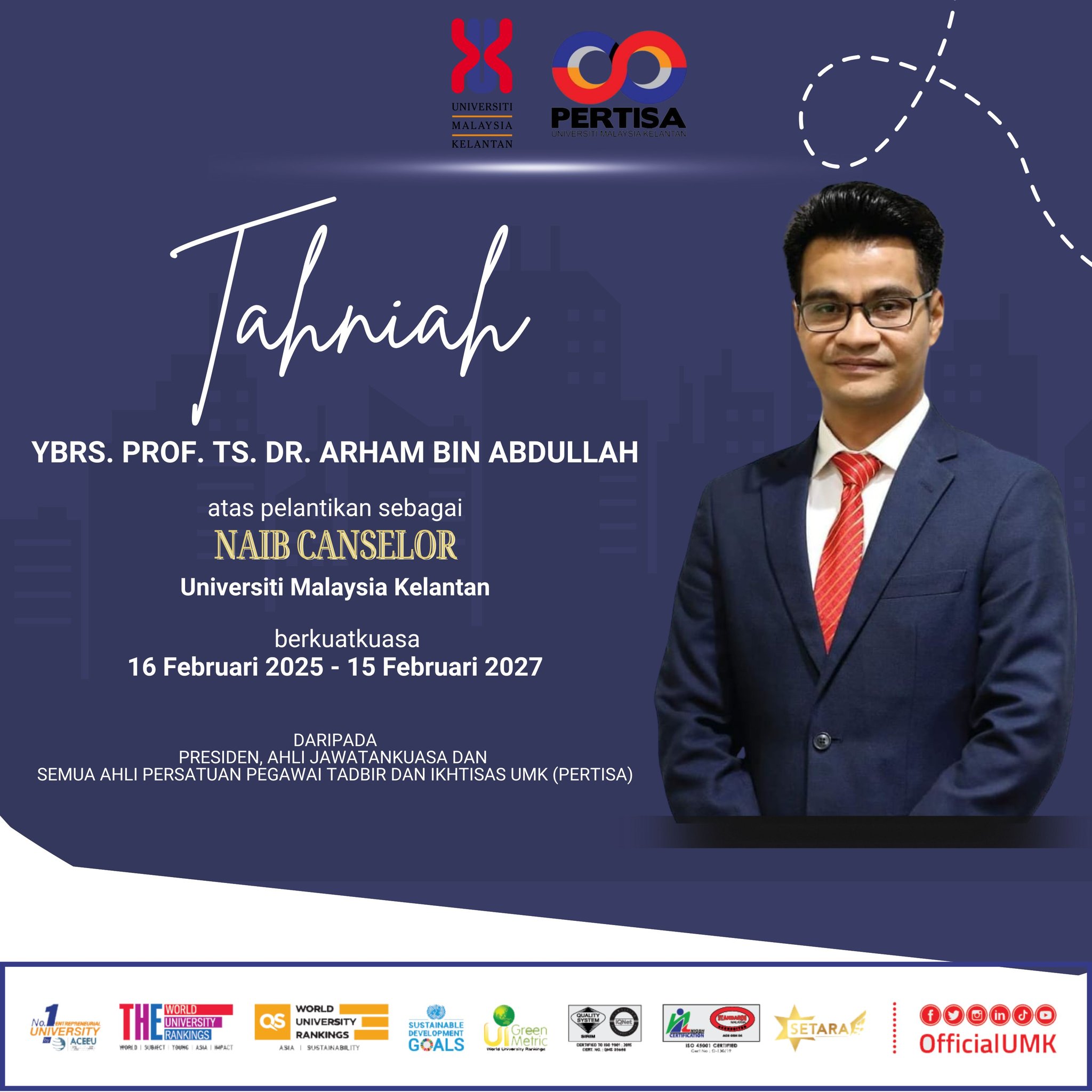 Ucapan Tahniah kepada YBrs. Prof. Ts. Dr. Arham bin Abdullah