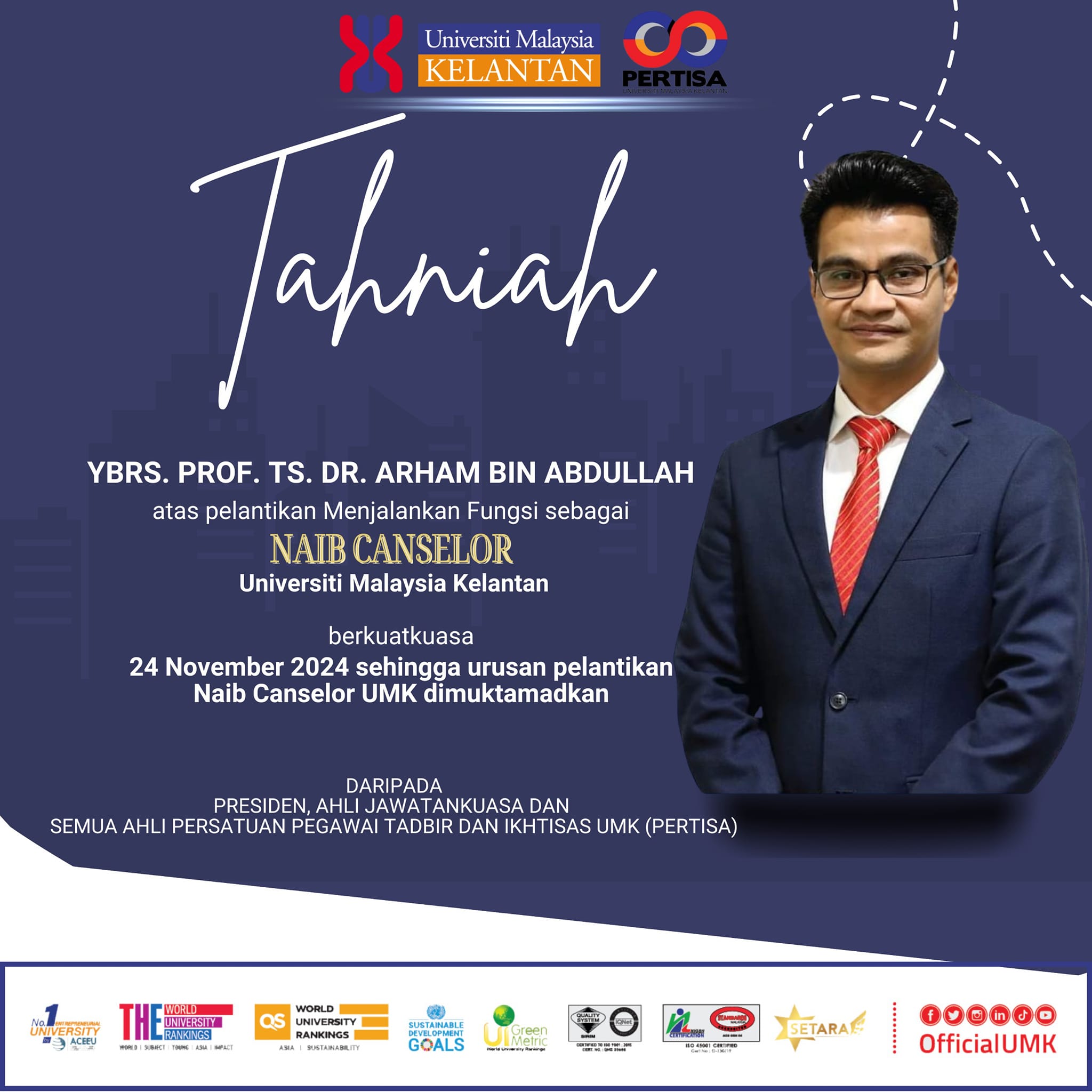 Tahniah kepada YBhg. Prof. Ts. Dr. Arham bin Abdullah yang telah dilantik menjalankan fungsi sebagai Naib Canselor, Universiti Malaysia Kelantan berkuat kuasa 24 November 2024.