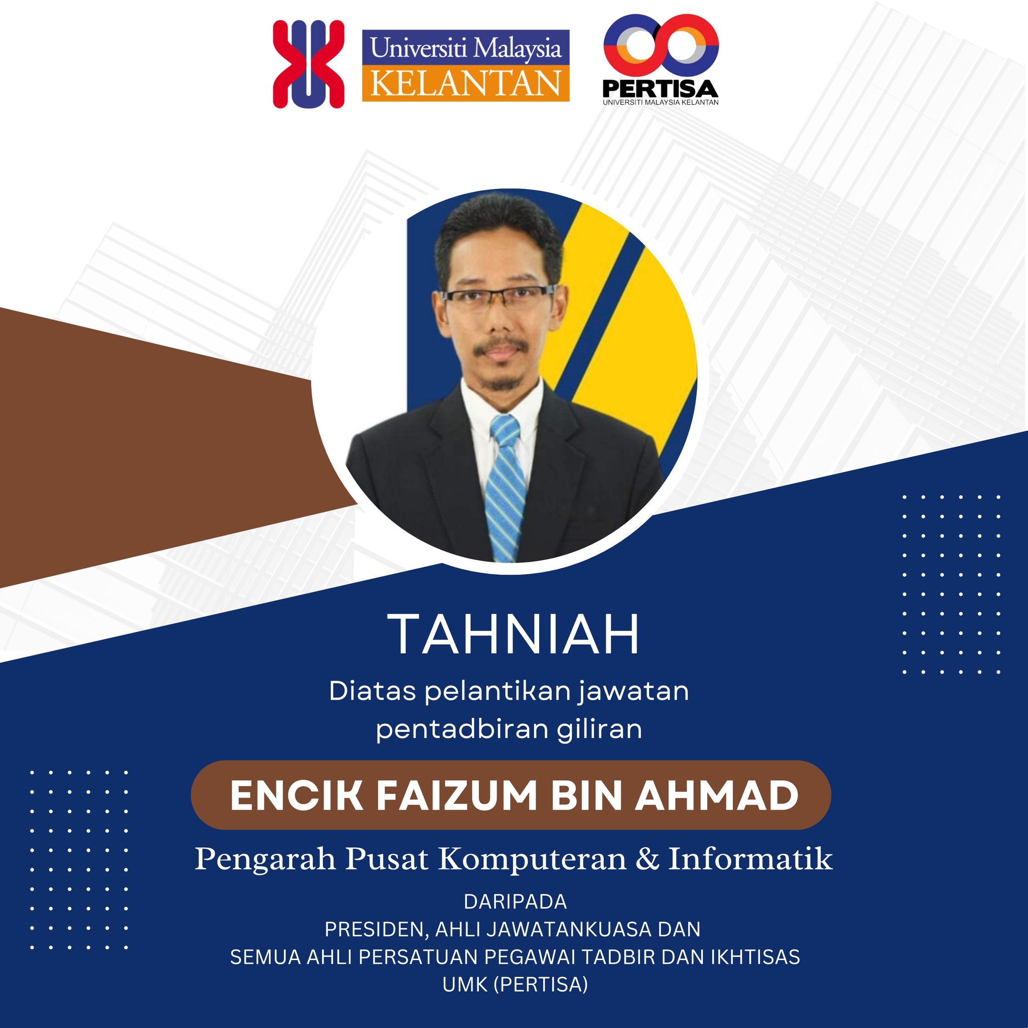 pelantikan jawatan pentadbiran giliran, Pengarah, Pusat Komputeran & Informatik, UMK bermula 1 Januari 2025.