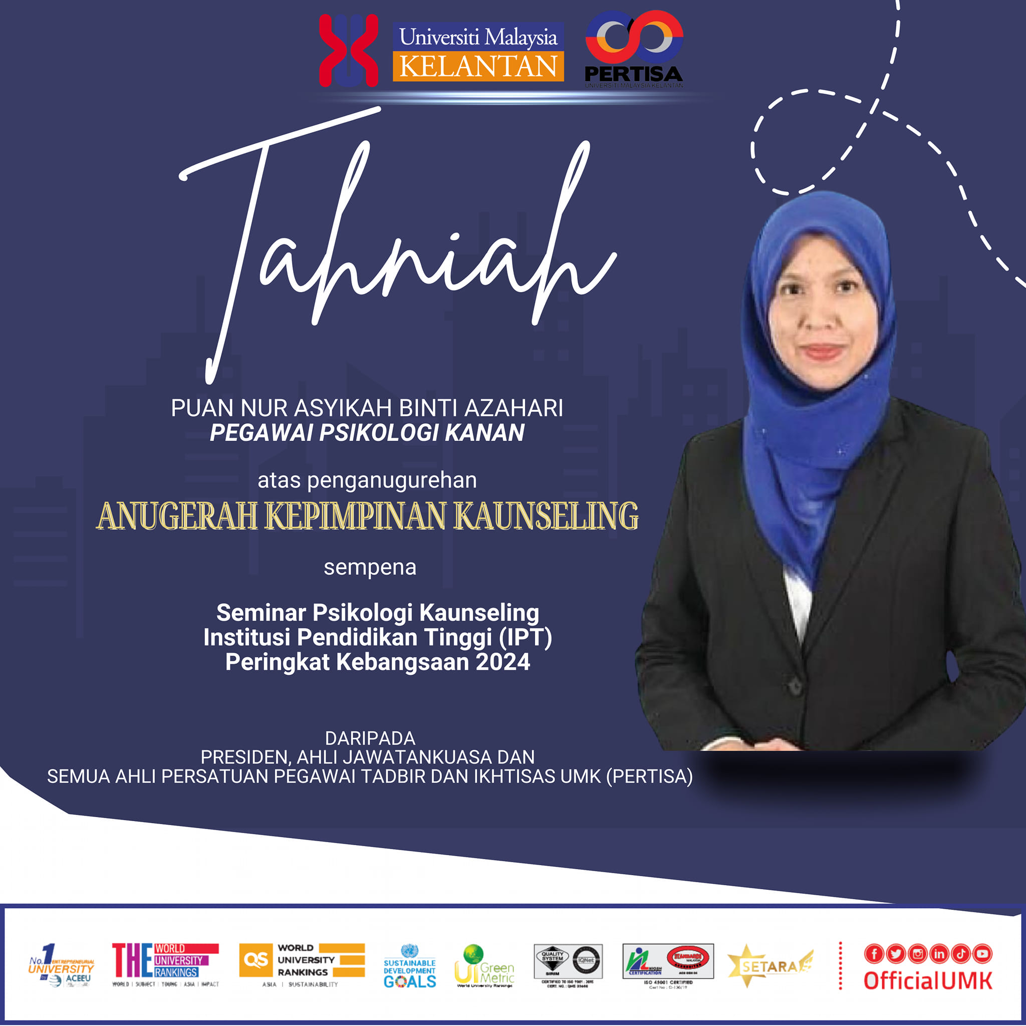 Anugerah Kepimpinan Kaunseling sempena Seminar Psikologi Kaunseling, Institut Pendidikan Tinggi (IPT), Peringkat Kebangsaan 2024.